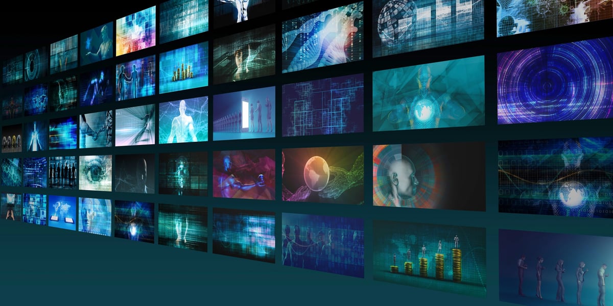 Digital marketing and social network interfaces connected on screen