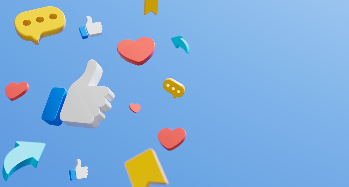 Colourful 3D social and engagement icons floating on a blue background